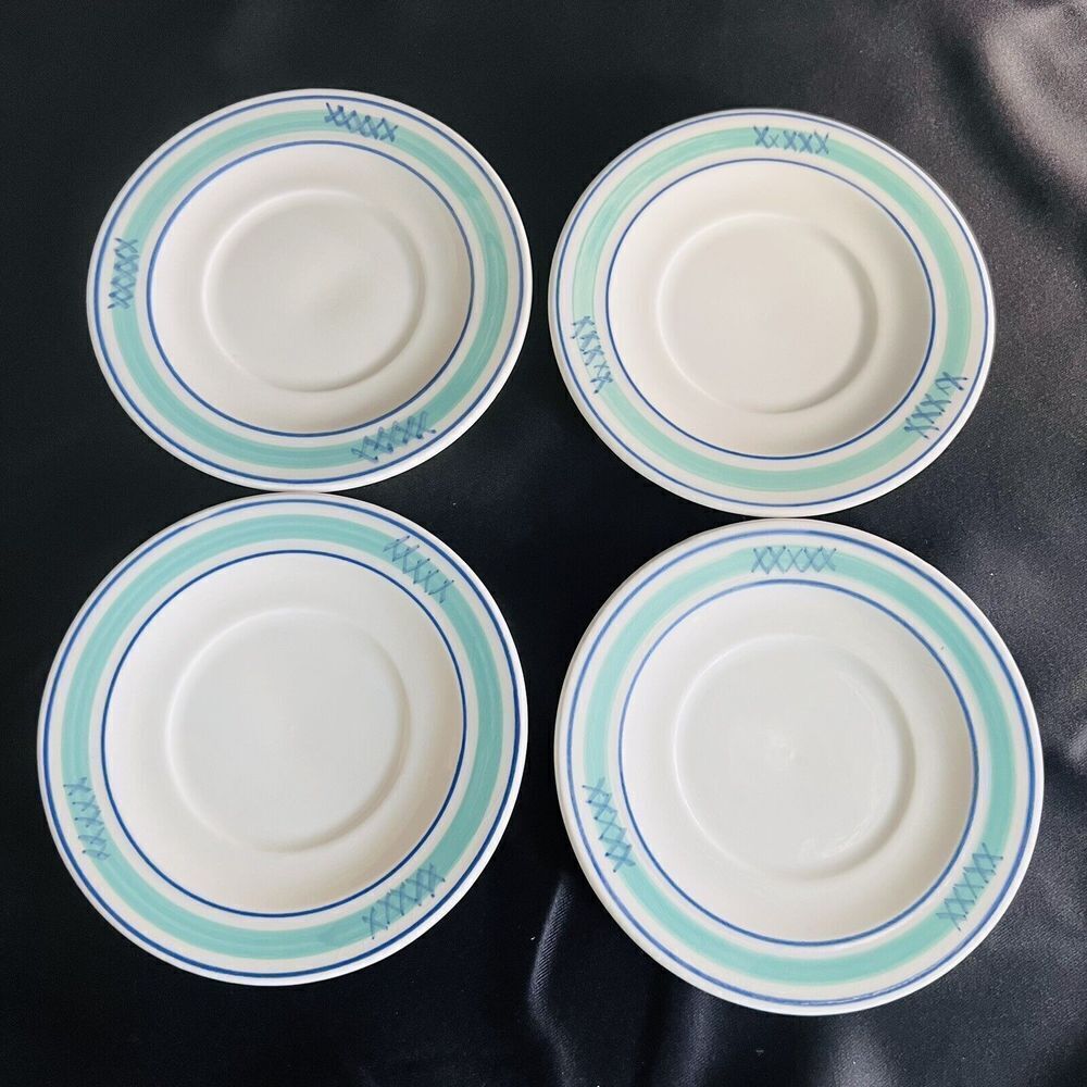 Trendland Italy Hand Made Painted Pottery Saucer Lot of 4 Aqua Blue White